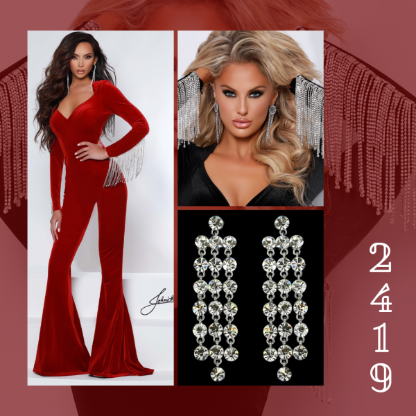 Red or Black velvet jumpsuit with crrystal fringe perfect outfit for holiday parties, pageant or prom. 