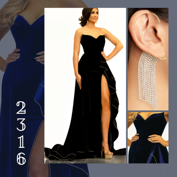 Johnathan Kayne style 2316 velvet gown with rhinestone trim gown strapless in black or royal. 