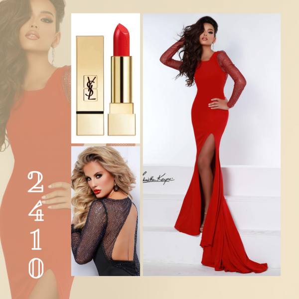 red crystal sleeve gown in red and black with high slit. Sexy gown for holiday party, or prom