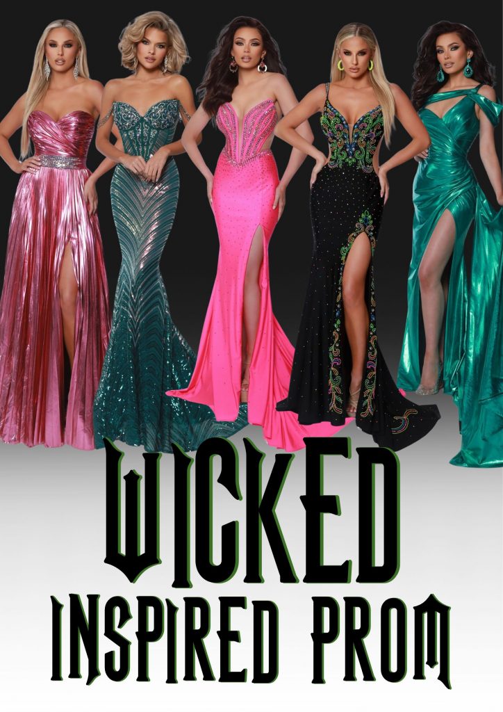wicked prom dresses. prom inspired. prom 2025, prom trends 2025, prom dresses, sparkly, exposed boning, wicked, metallic