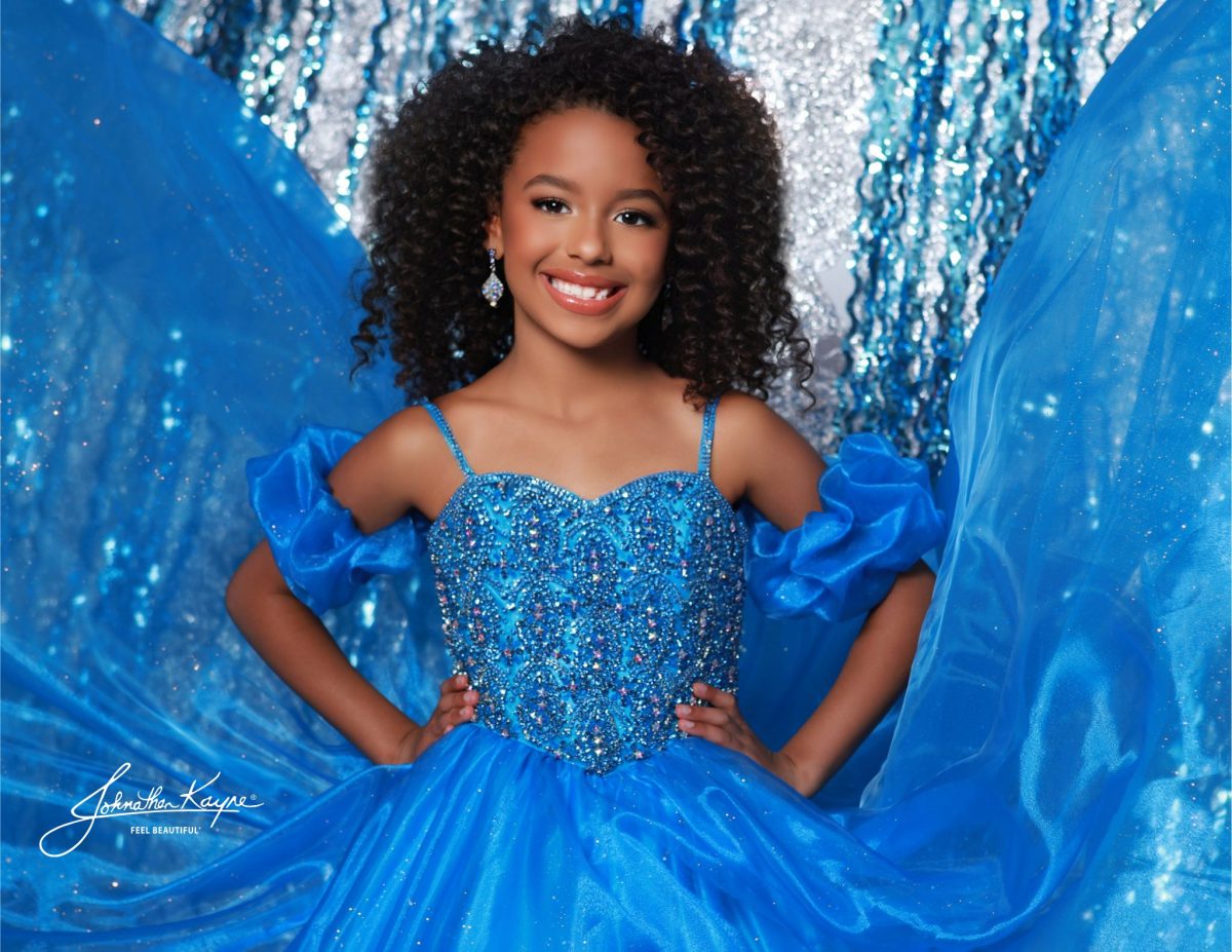capri blue children's pageant gown, children's pageant gown, sugar kayne, blue pageant gown, sparkly pageant gown, kid's pageant gown