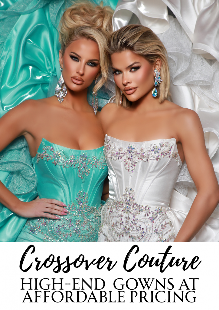 Two glamorous models pose in stunning crossover couture gowns—one in a vibrant aqua blue and one in classic white—featuring structured corset bodices, luxe satin fabric, and all-over crystal embellishments. These high-end pageant dresses blend couture fashion with affordable elegance, making them perfect for national pageants, prom nights, homecoming queens, red carpet events, and formal competitions. Designed with luxury styling, runway-ready details, and flattering silhouettes, these affordable designer gowns offer show-stopping appeal without the premium price tag. Ideal for contestants, prom-goers, and fashionistas seeking a budget-friendly yet couture-quality statement gown.