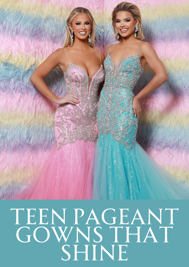 Two models wearing sparkling Johnathan Kayne mermaid pageant gowns—one in pink and one in aqua—posing in front of a pastel rainbow faux fur backdrop with the text “Teen Pageant Gowns That Shine.” Perfect for promoting glamorous teen pageant looks from the Johnathan Kayne collection.