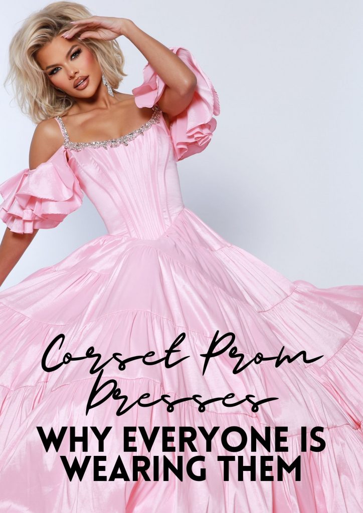 Blush pink corset prom dress featuring a structured boned bodice, crystal-trim neckline, dramatic ruffled sleeves, and a flowing tiered skirt—showcasing why corset prom dresses are one of the most popular and flattering prom trends this year.