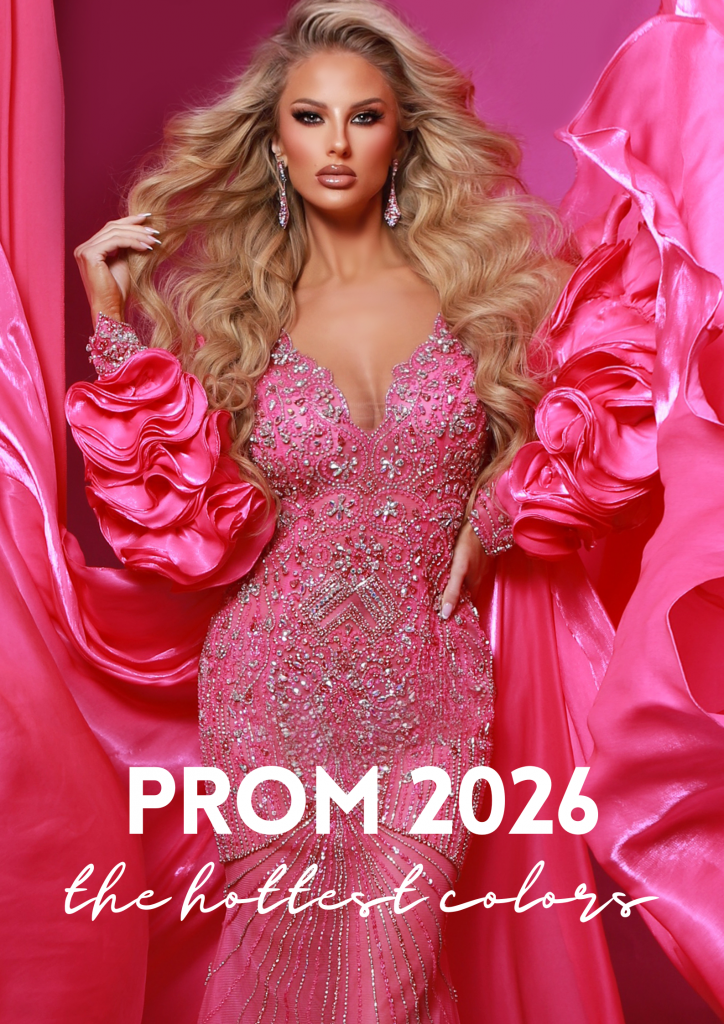 Glamorous shocking pink prom and pageant gown with crystal beading, deep V neckline, dramatic ruffled sleeves, and flowing chiffon details showcasing 2026 prom and preteen pageant color trends.