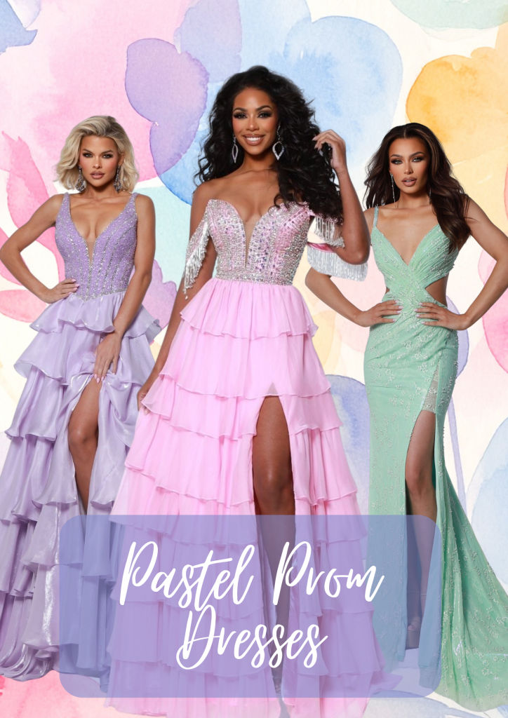Three models wearing pastel prom dresses, including a lavender tiered ruffle gown with a plunging neckline, a pink beaded corset ballgown with layered skirt and slit, and a mint green fitted gown with floral embellishments and high slit, styled against a soft watercolor pastel background with “Pastel Prom Dresses” text overlay.