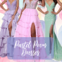 Three models wearing pastel prom dresses, including a lavender tiered ruffle gown with a plunging neckline, a pink beaded corset ballgown with layered skirt and slit, and a mint green fitted gown with floral embellishments and high slit, styled against a soft watercolor pastel background with “Pastel Prom Dresses” text overlay.